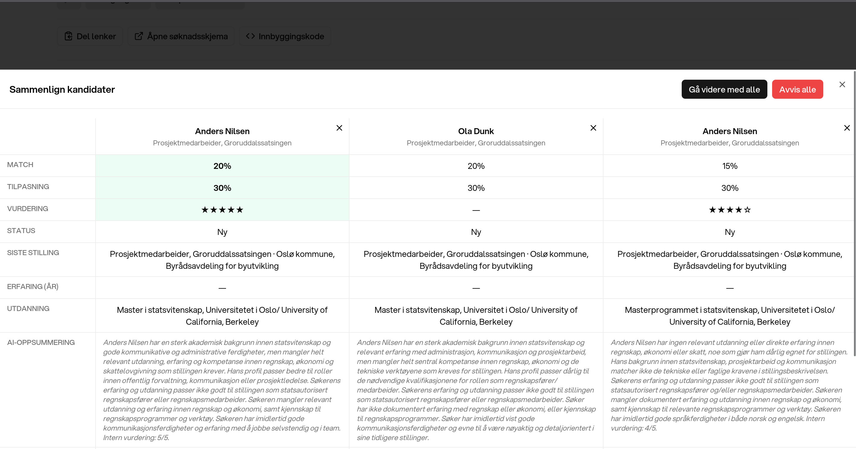 Å sammenligne 5 kandidater til samme stilling burde ikke kreve 5 nettleserfaner og en huskelapp