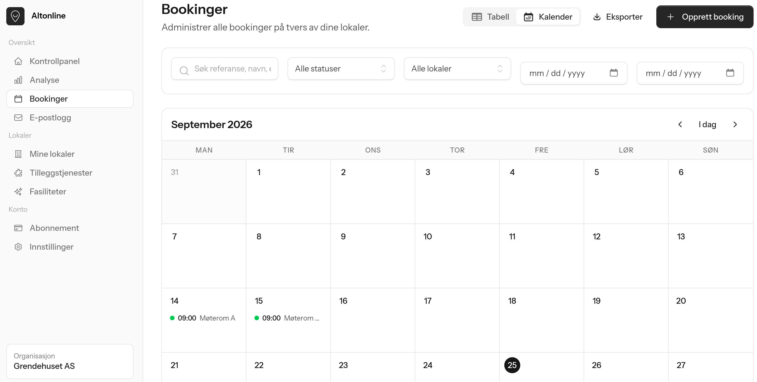 Bytte mellom å se bookinger i en tabell eller i en kalendervisning